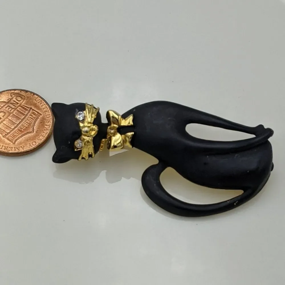 Vintage Black Cat Gold Bow Rhinestone Brooch Pin